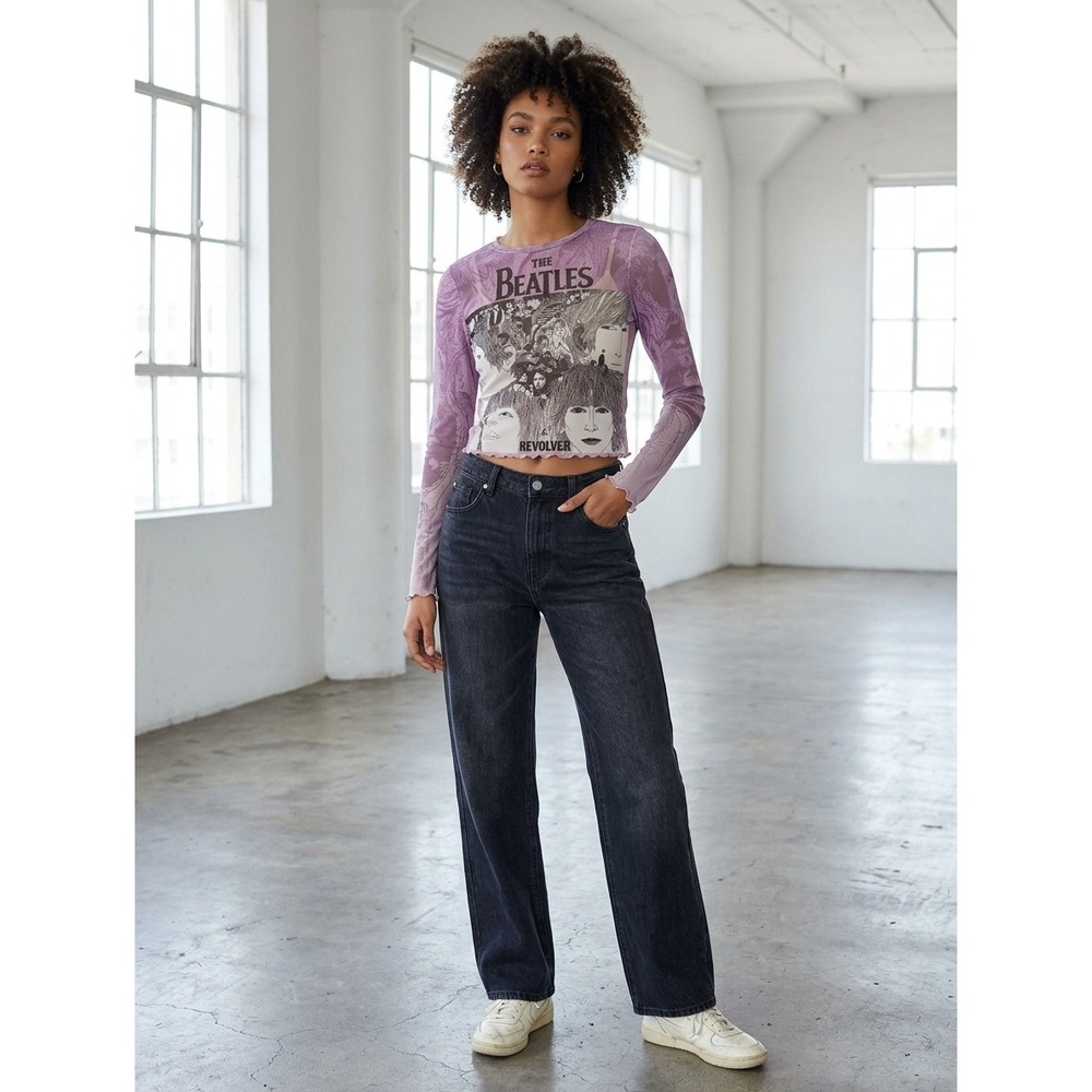 The Beatles Revolver Graphic Mesh Top Purple Long Sleeve Crop Rockwear Y2K M